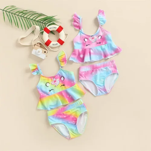 Vista 2 de Traje de baño para niñas Unicon para niños pequeños, traje de baño de 2 piezas con volantes de color arcoíris