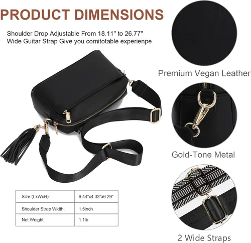 Vista 4 de Bolsos cruzados para mujer, bolso cruzado pequeño de cuero vegano, bolso de hombro para mujer con 2 correas anchas y borlas