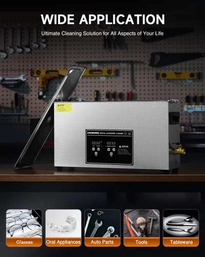 Vista 4 de CREWORKS Limpiador ultrasónico digital de 10L para objetos alargados, limpiador ultrasónico profesional de piezas de 240W con calentador