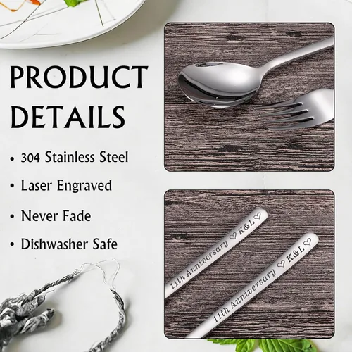 Vista 4 de Juego de cuchara y tenedor de acero inoxidable con nombre personalizado para parejas, utensilios de metal grabados personalizados para helado, café