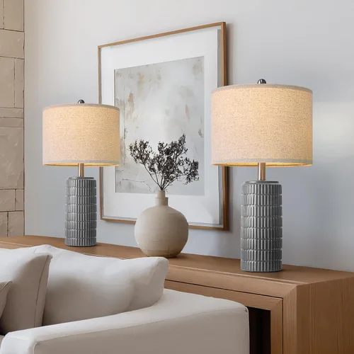 Vista 7 de PoKat Juego de 2 lámparas de mesa de cerámica gris oscuro de 23 pulgadas para sala de estar, lámparas de noche modernas para dormitorio, lámpara