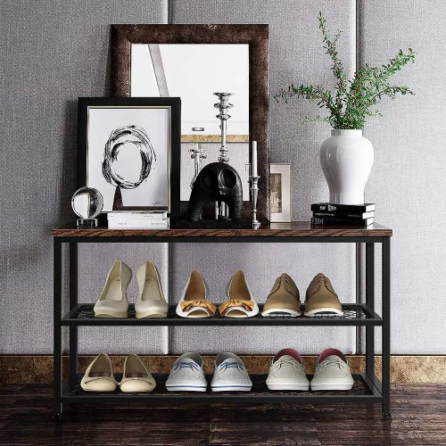 Vista 4 de Banco de zapatos, zapatero de madera de 3 niveles, estantes de colocación con asiento para entrada, sala de estar y pasillo