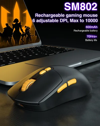 Vista 8 de SOLAKAKA SM802 - Ratón inalámbrico para juegos, 10000 DPI, triple modo con cable/BT 5.0/2.4GHz con botón lateral, mouse macro programable RGB