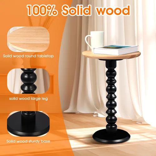 Vista 4 de Mesa auxiliar redonda de madera maciza, mesa pequeña para bebidas para espacios pequeños, mesa auxiliar de pedestal con base de madera, mesa