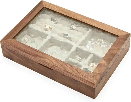 Vista 4 de pandapark Joyero de madera con tapa de vidrio, vitrina de almacenamiento con múltiples compartimentos, marrón nogal (nogal plateado)
