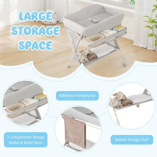 Vista 5 de BABY JOY Cambiador portátil para bebé, estación de cambio de pañales plegable con ruedas, altura ajustable, estante de almacenamiento grande, lavabo