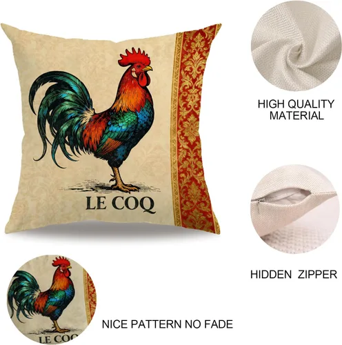 Vista 5 de Funda de almohada de gallo de granja de 18 x 18 pulgadas, fundas de almohada vintage de gallo francés con borde de damasco, fundas de almohada