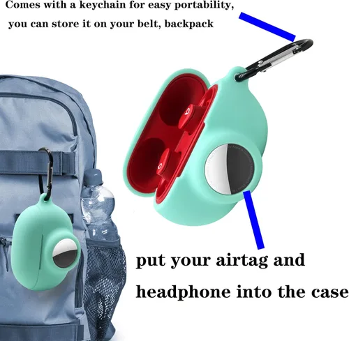 Vista 7 de Funda protectora de silicona compatible con Beats Studio Buds Airtag con soporte para Airtag, encuentra tu funda para auriculares, verde aguacate