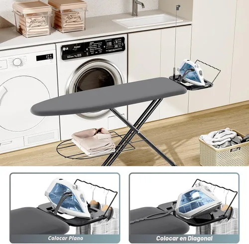 Vista 5 de KINGBOARD Tabla de planchar, tabla de planchar compacta de tamaño completo con cubierta extragruesa, soporte de 7 alturas ajustables con colgador