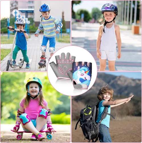 Vista 5 de Funtery 2 pares de guantes deportivos de ciclismo para niños, guantes de medio dedo de unicornio, guantes de ciclismo para niños y niñas, guantes