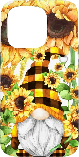 Vista 14 de iPhone 16 Gnomo de girasol con sombrero de cuadros de búfalo para niñas de moda lindo caso
