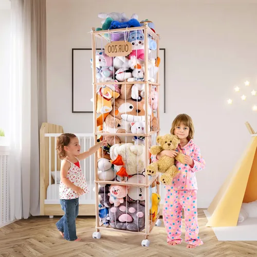 Vista 6 de Torre zoológica de almacenamiento de animales de peluche, organizador de animales de peluche de 70 pulgadas de alto con ruedas, almacenamiento