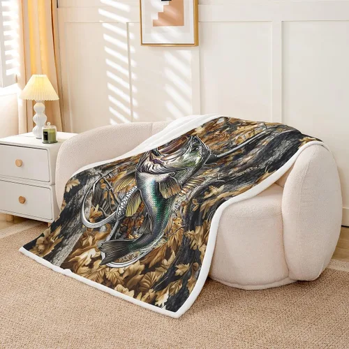 Vista 3 de Feelyou - Manta de forro polar camuflaje de 40 x 50 pulgadas para niños, niños y adolescentes, con diseño de peces de caza, manta de sherpa
