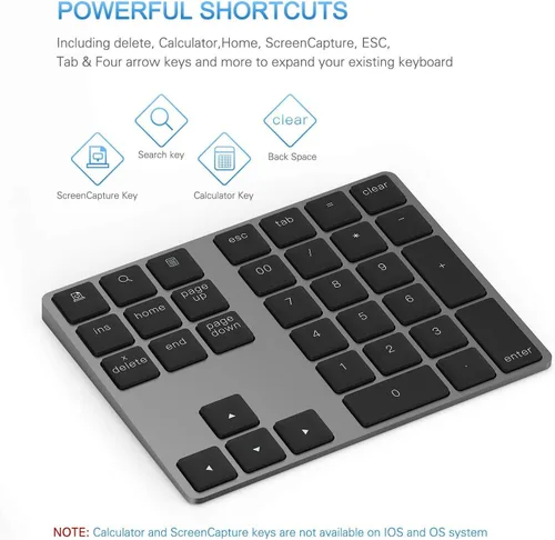 Vista 4 de Teclado Numérico Bluetooth, Lekvey Teclado Numérico Inalámbrico Recargable de Aluminio Delgado de 34 Teclas Teclado Numérico Externo Entrada