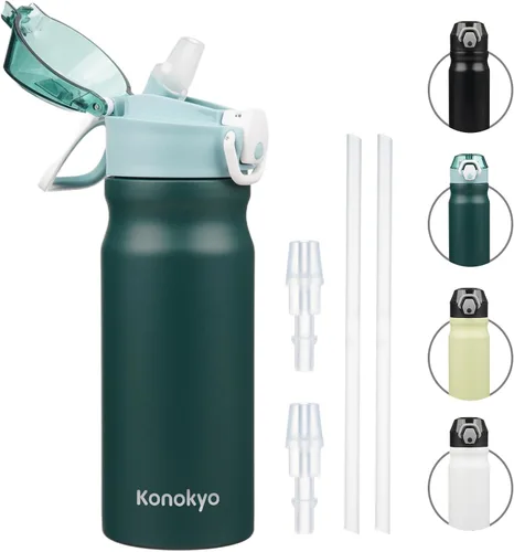 Vista 12 de Konokyo Botella de agua aislada de 22 onzas con pajilla, asa de transporte, verde militar