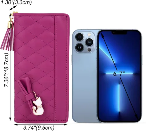 Vista 6 de UTO Cartera de piel sintética para mujer, de gran capacidad, colgante de gato, soporte para teléfono, organizador de chequera, con cremallera