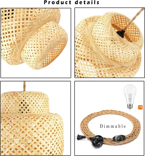 Vista 4 de Lámpara colgante de ratán para enchufar, con cable de enchufe, lámpara colgante de bambú regulable, tejida a mano estilo bohemio, pantalla