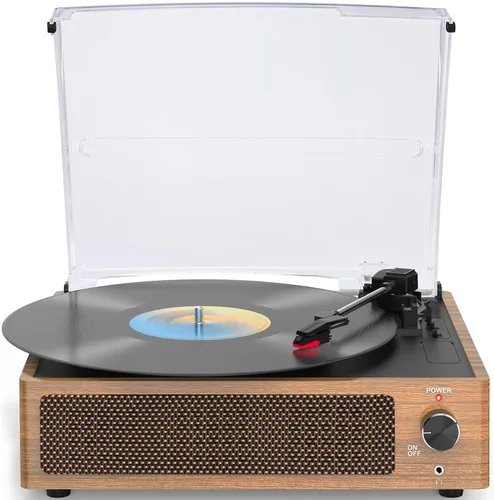 Vista 15 de Tocadiscos de vinilo vintage con altavoces, giradiscos accionados por correa, compatible con 3 velocidades, reproducción inalámbrica Bluetooth