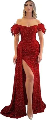 Vista 36 de Vestidos de fiesta de lentejuelas con hombros descubiertos, vestido formal de sirena brillante, vestido largo de fiesta de noche con abertura