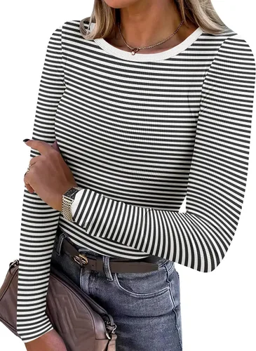 Vista 20 de ANRABESS - Camisetas de manga larga para mujer, de punto acanalado, ajustadas, básicas, 2025, informales, para usar a capas o debajo del uniforme