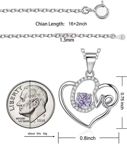Vista 6 de ITS4YEO 925 Sterling Silver Love Heart Birthstone Necklaces Silver Necklace Zircon Pendant Necklaces for Women Jewelry Gift for Women Wife Girls Her