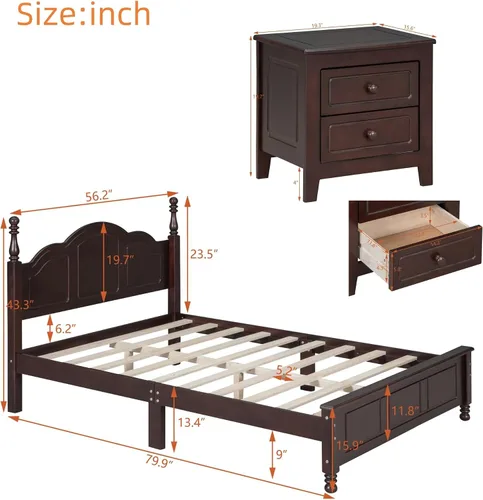 Vista 2 de Polibi Juego de dormitorio de 3 piezas con plataforma retro de tamaño matrimonial y 2 mesitas de noche, marco de cama de madera maciza con cabecera