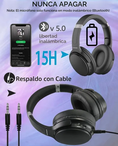 Vista 4 de EXMAX H5 Auriculares Bluetooth sobre la oreja ANC estéreo de alta fidelidad inalámbricos/con cable + micrófono plegables cómodos orejeras