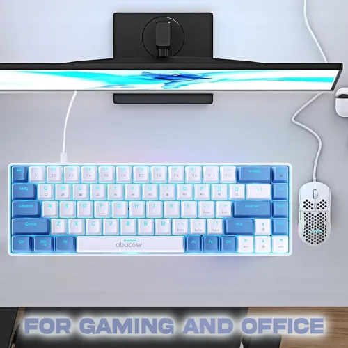 Vista 6 de abucow 60% Mechanical Gaming Keyboard, Red Switch Wired Compact Keyboard with Blue Backlight, Swappable Blue White Keycaps, for WindowsMac