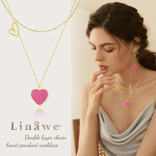 Vista 2 de Linawe Gargantilla en capas con dije de corazón para mujer, moderna, cadena de oroplataoro rosa, collares apilados de acero inoxidable, collar