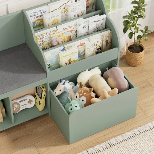 Vista 5 de HOSTACK Rincón de lectura para niños de 67 pulgadas de ancho con organizador de almacenamiento de juguetes, estantería grande para niños con caja