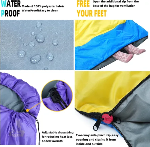 Vista 4 de Sacos de dormir para adultos y niños - 3 estaciones para clima frío y cálido, impermeables para acampar - Sacos de dormir ligeros para camping