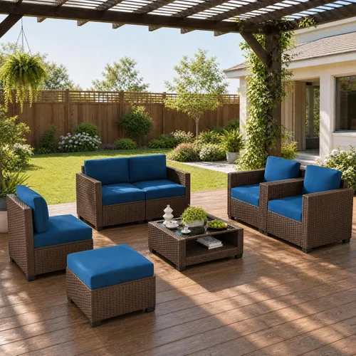Vista 23 de Juego de 7 muebles de patio al aire libre, sofá seccional al aire libre, muebles de mimbre para patio, juego de conversación de patio con mesa