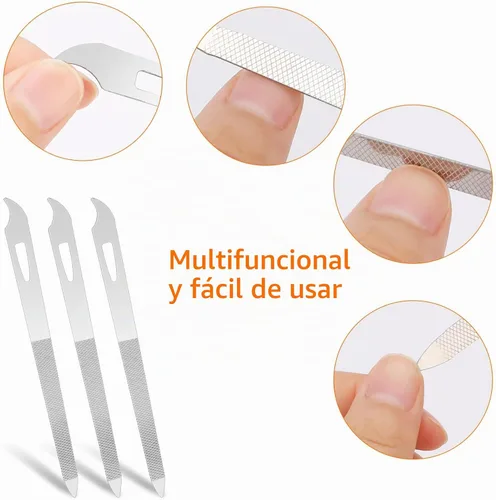 Vista 4 de Juego de limas de uñas de acero inoxidable de 6 piezas con punta limpiadora, doble cara, duradera, profesional para uñas naturales