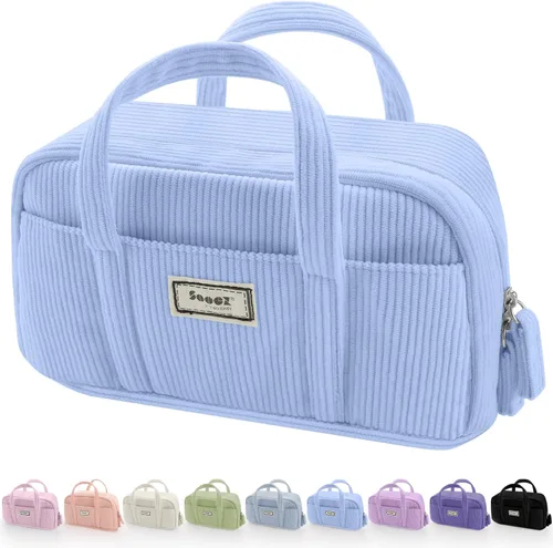 Vista 13 de Sooez Estuche grande para lápices, extra grande con 5 compartimentos, bolsa para bolígrafos de amplia apertura, organizador de pana suave con Beige