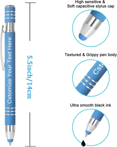 Vista 3 de Kingluu 12 bolígrafos personalizados suaves al tacto con lápiz capacitivo, grabado gratis, tinta negra con tu nombre, logotipo, mensaje y texto