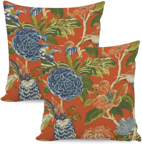 Vista 26 de Juego de 2 almohadas coloridas de estilo chinoiserie, color rosa intenso, azul real, peonía, floral, blanco, lino, estilo chinoiserie, para sofá