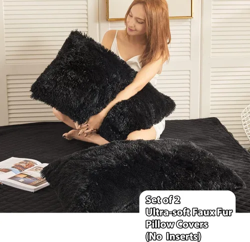 Vista 2 de LIFEREVO Paquete de 2 fundas de almohada de piel sintética, serie de lujo decorativa para el hogar de felpa peluda, funda de almohada peluda súper