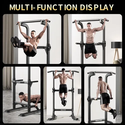 Vista 5 de DONIUZ Torre de Potencia Barra de Dominadas y Estación de Fondos, Gimnasio Multifuncional para Casa, Equipo de Entrenamiento de Fuerza, Altura Negro