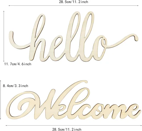 Vista 2 de Paquete de 8 adornos colgantes de madera con texto en inglés «Hello & Welcome», sin terminar, adornos colgantes de madera con texto en inglés «Hello