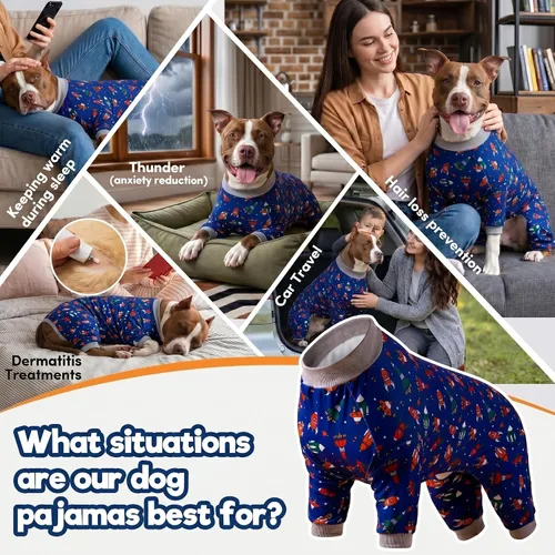 Vista 5 de LovinPet Pijama grande para perros, estampado de cohete y nave espacial azul marino, camiseta ligera y elástica para perros grandes, pijamas