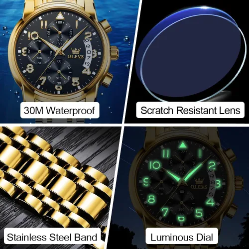 Vista 4 de OLEVS Reloj cronógrafo para hombre, esfera grande, multifuncional, fácil de leer, de acero inoxidable, analógico, de cuarzo, con fecha, de lujo