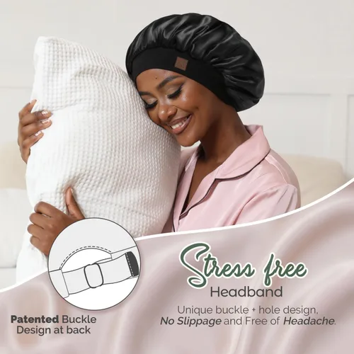 Vista 2 de Hat Hut Gorro de satén de seda para dormir para mujer, gorro de pelo para cabello rizado, banda ancha ajustable, doble capa