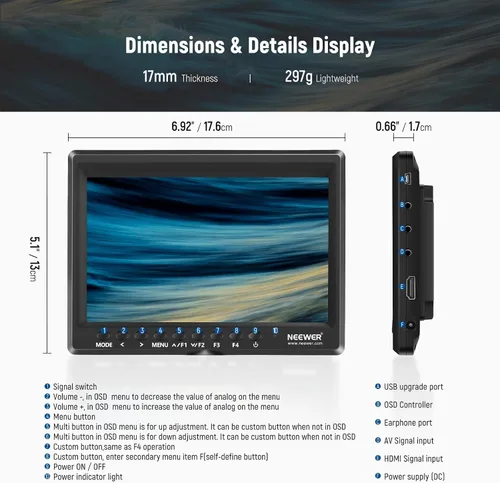 Vista 2 de NEEWER F100 7 "Versión mejorada Cámara Monitor de campo IPS 450nit 1080p