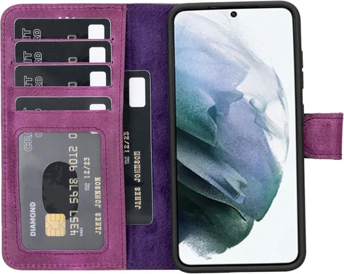 Vista 25 de HARDISTON Funda tipo cartera compatible con Samsung Galaxy S21, hecha a mano, de piel auténtica, cubierta magnética desmontable tipo flip con Negro