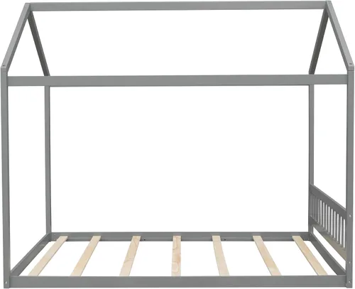 Vista 5 de Harper & Bright Designs Marco de cama de casa tamaño Queen, marco de cama Montessori de madera con cabecero, cama de piso para niños para niñas Gris