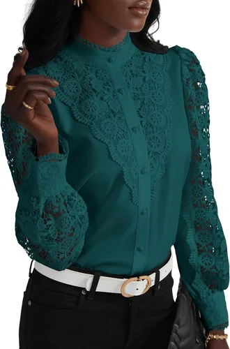 Vista 9 de Rooscier Blusa Elegante de Encaje de Crochet con Cuello Alto Simulado de Manga Larga con Botones para Mujer Top