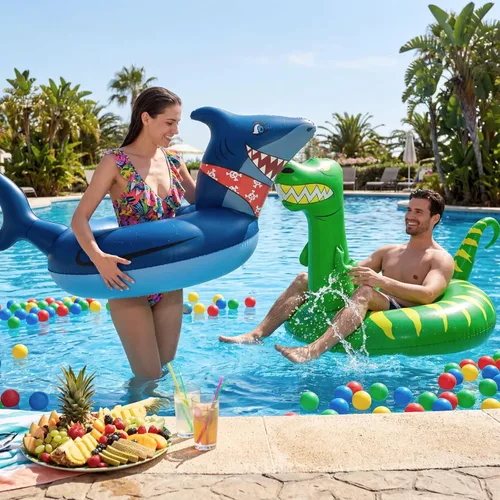 Vista 7 de 2 flotadores inflables de piscina para adultos: tubos de tiburón de dinosaurio de verano, flotadores de natación, anillos de decoración de fiesta