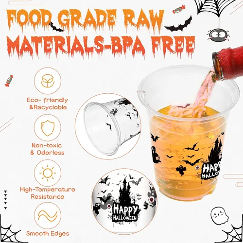 Vista 3 de CHENGU Vasos de plástico transparente desechables para fiesta de Halloween, vasos de plástico transparente impresos para decoración de fiestas