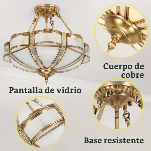 Vista 8 de Lámpara de techo de latón de 4 luces semiempotrada, candelabro dorado para comedor, lámpara de techo de vidrio esmerilado, luz empotrada moderna