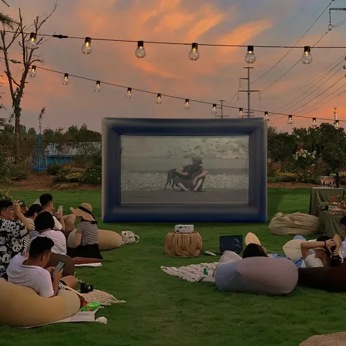 Vista 6 de Pantalla de proyector inflable para exteriores, pantalla de película con soplador de aire, pantalla de fácil configuración para patio trasero